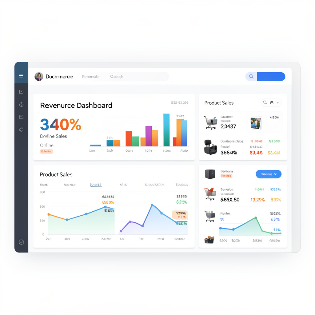 E-commerce revenue dashboard showing 340% growth in online sales